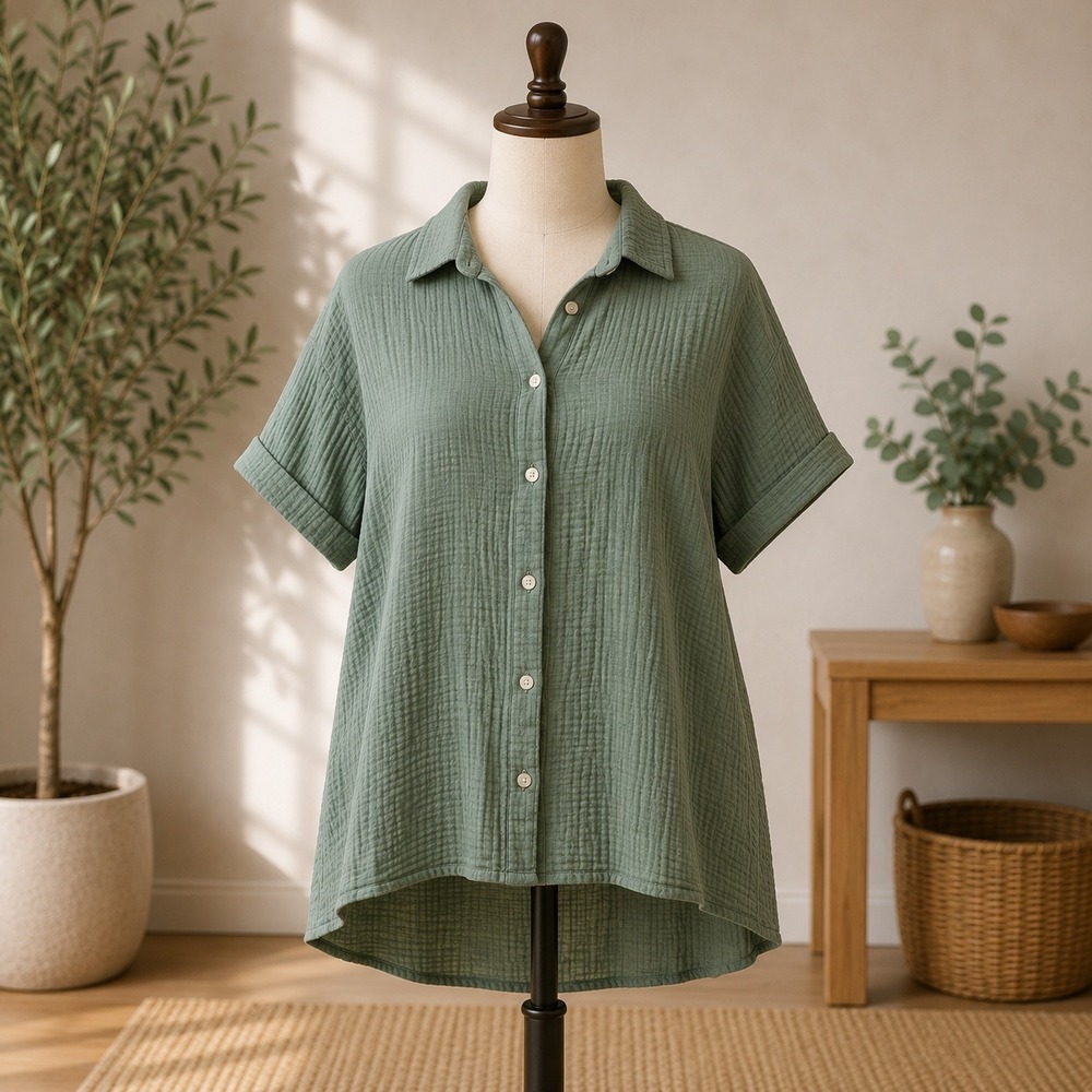 SHEIN Button Down Shirt Womens Large Green Gauze Short Sleeve Boxy Textured Top